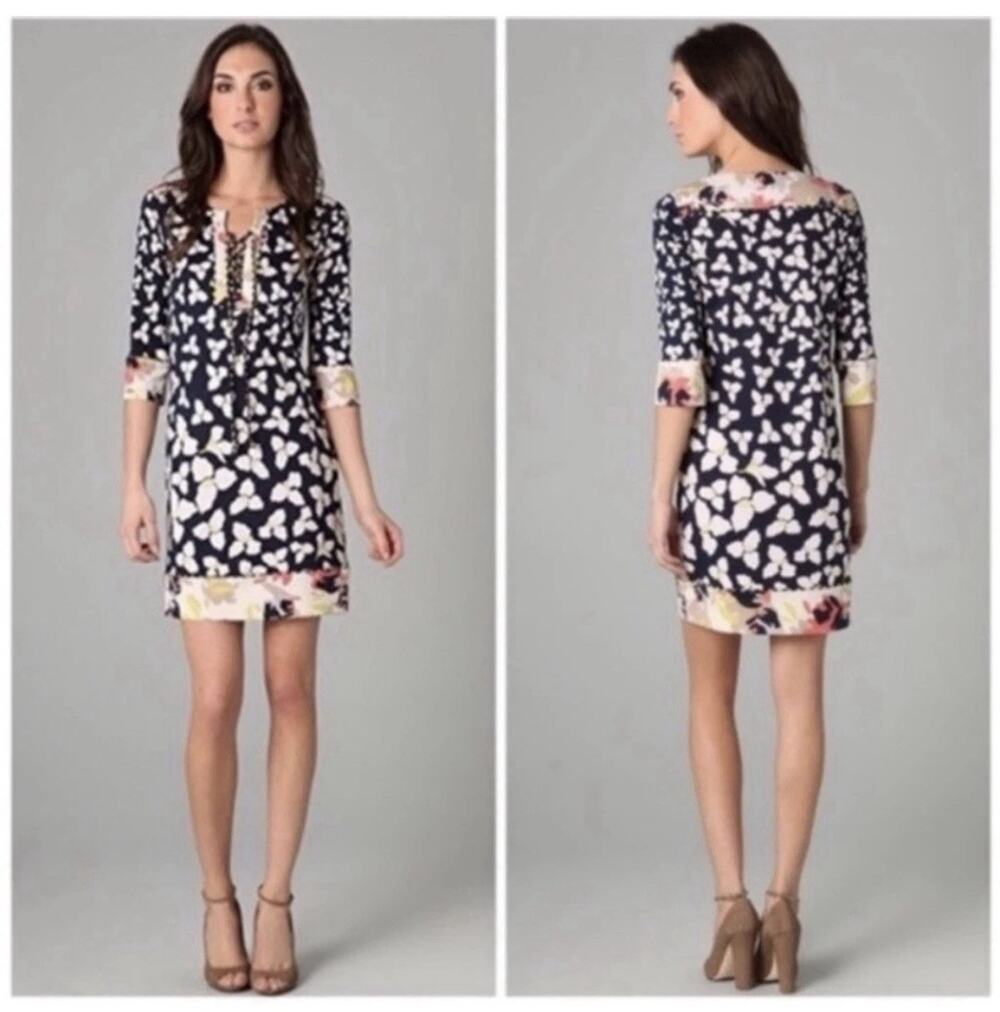 Diane Von Furstenberg 100% Silk Navy and Cream Abstract Floral Shift Dress Sz 8
